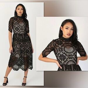 ♣️Joyfolie Alexis Midi Lace Boho Dress in Black & Cream, S